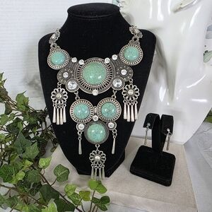 Southwestern Silver Turquoise & Rhinestone Chunky Necklace Set Festival Glam
